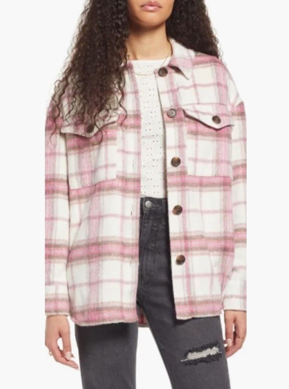 BP Shirt Jacket Womens XL Pink Plaid Shacket Oversized Pockets 2% Wool Outdoors